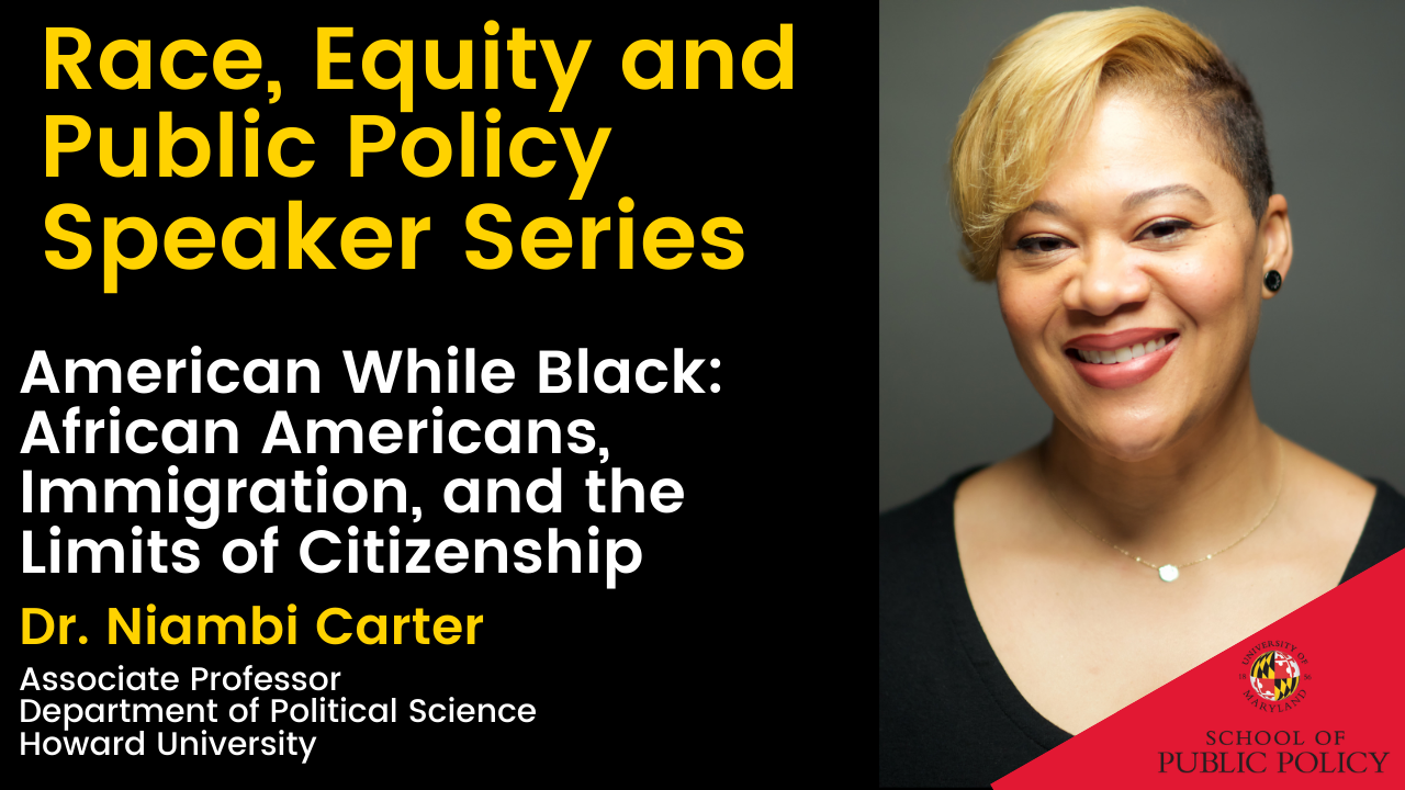 Niambi Carter speaking on American While Black: African Americans, Immigration, and the Limits of Citizenship
