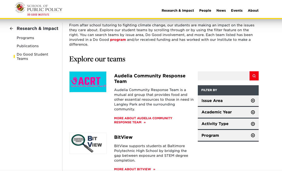 screenshot of team profile page 