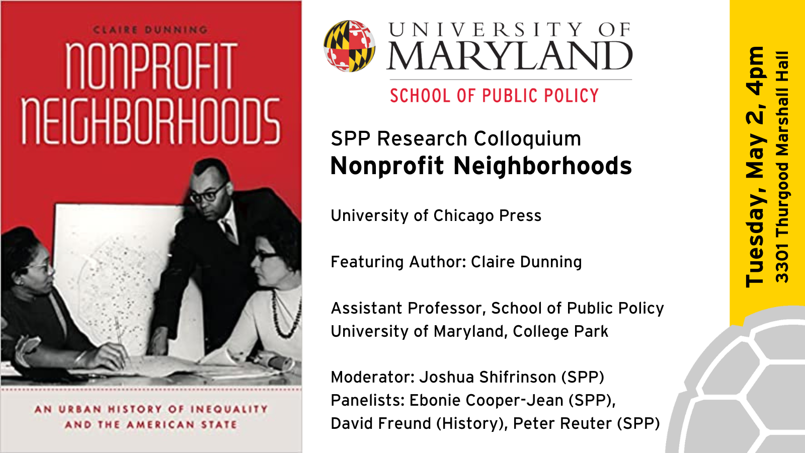 May 2 4pm event details - colloquium doe new book "Nonprofit Neighborhoods"