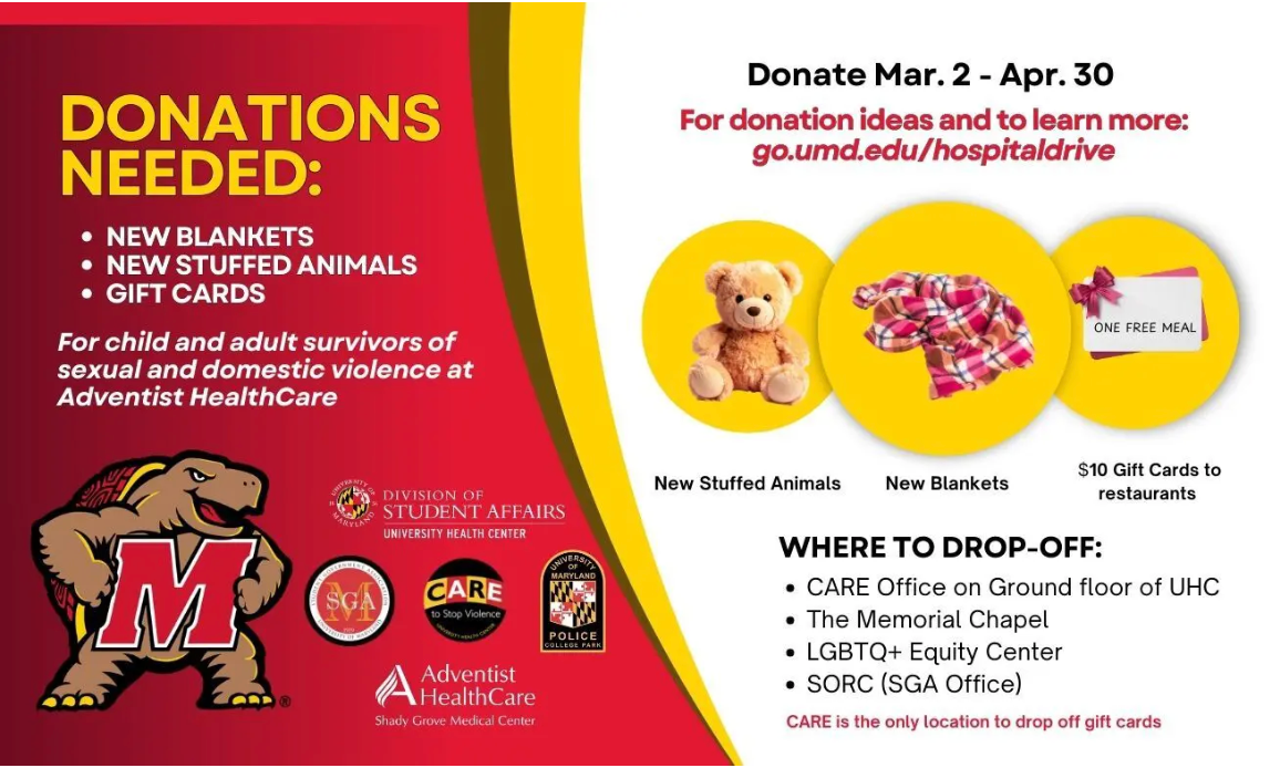 Donations needed flyer: new stuffed animals, new blankets, or 10 dollar gift cards. 