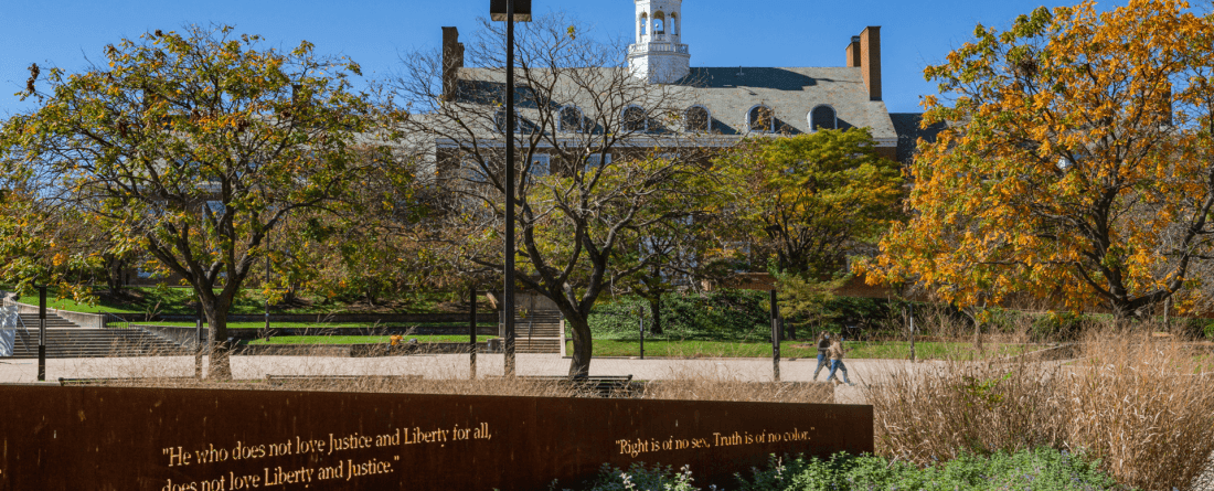 View of Fredrick Douglas Square. "He who does not love Justice and Liberty for all, does not love Liberty and Justice." "Right is of no sex. Truth is of no color"