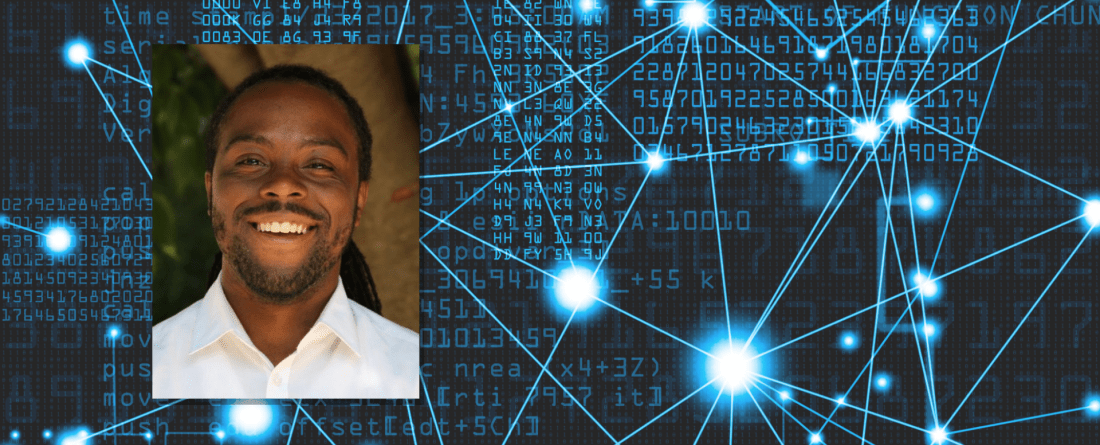 Theodore Caruthers' headshot on a blue background with numbers and a web of lights