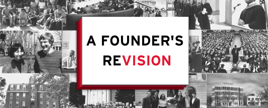 A collage of grayscale images from SPP's past with an overlay that reads "A Founder’s ReVision: Public Policy for the Next 40 Years"