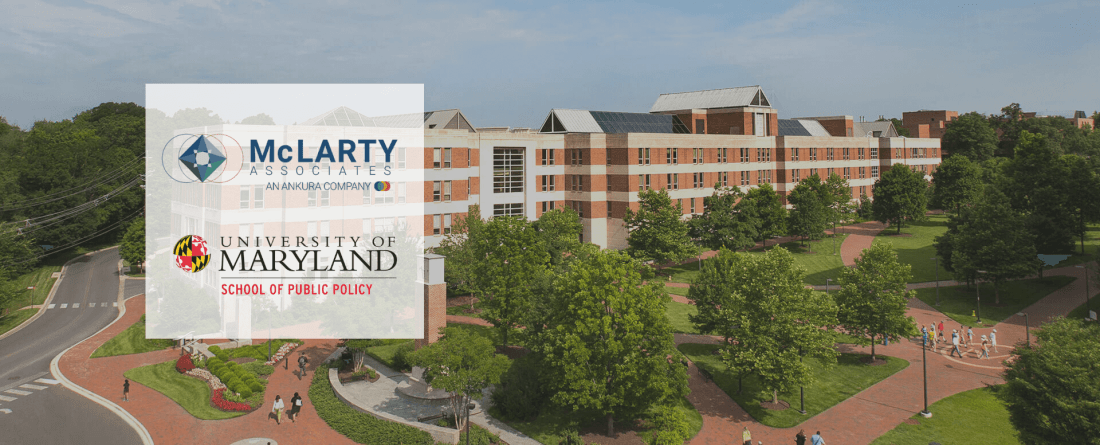 McLarty Associates: An Ankura Company logo and SPP logo over background of aerial view of Van Munching Hall