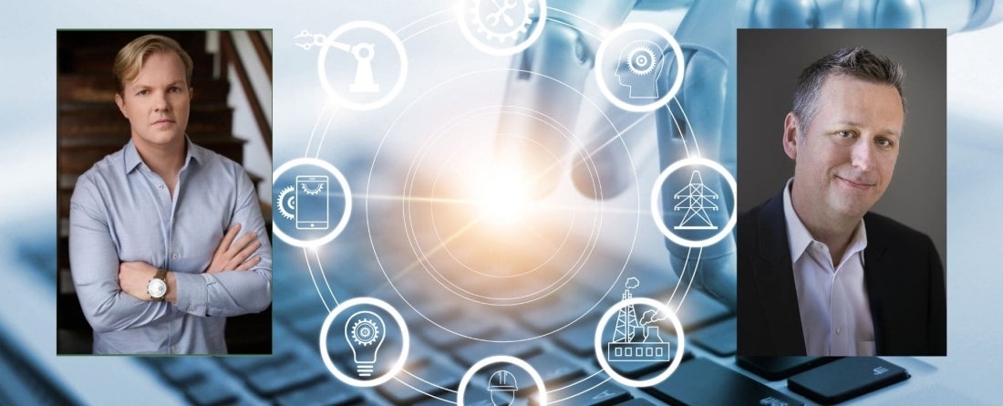 Picture of AI with two speakers for event infront of it. 