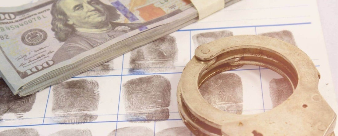 image of cash, handcuffs and a fingerprint card