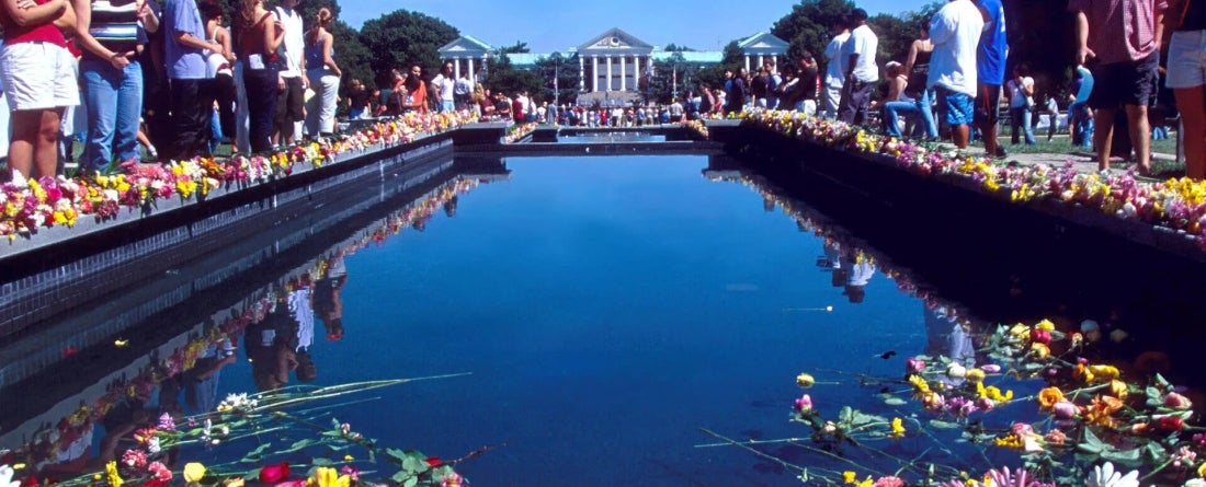 flowers in ODK fountain against clear blue sky