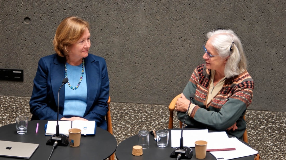 Nancy Gallagher (right) speaking with Svetlana Savranskya (left) during the panel discussion at ACONA 2026. Photo credit: ACONA 2026.